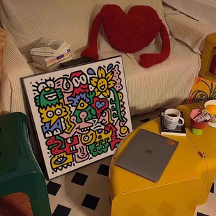 潮流波普风MrDoodle凯斯哈林挂画抽象线条涂鸦装饰画创意酒吧壁画