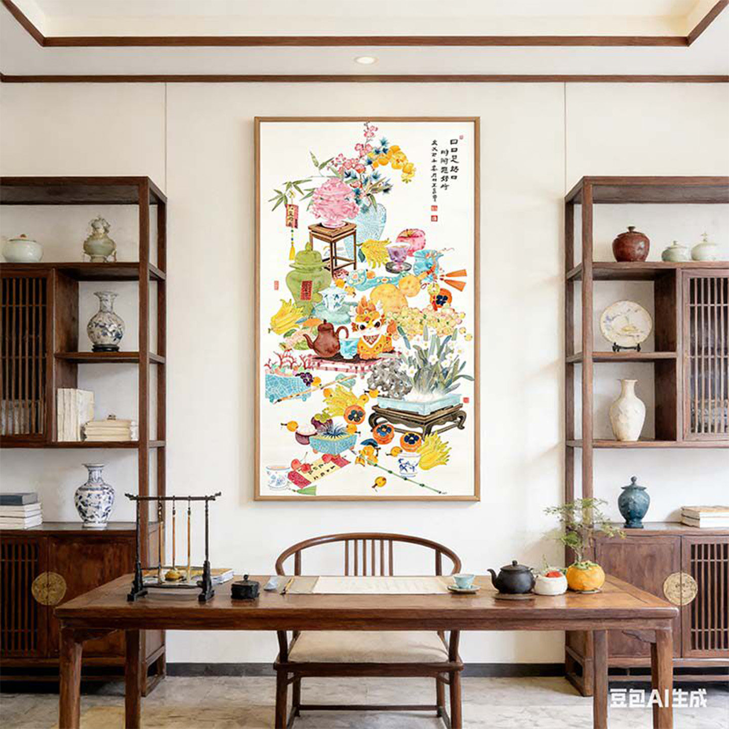 麒麟清供图新中式客厅装饰画高级感餐厅壁画宋代美学入户玄关挂画