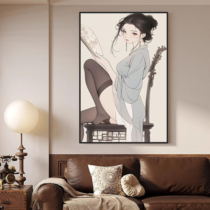 中古风黑丝仕女图搞笑卧室装饰画新中式古风禅意挂画送朋友礼物画