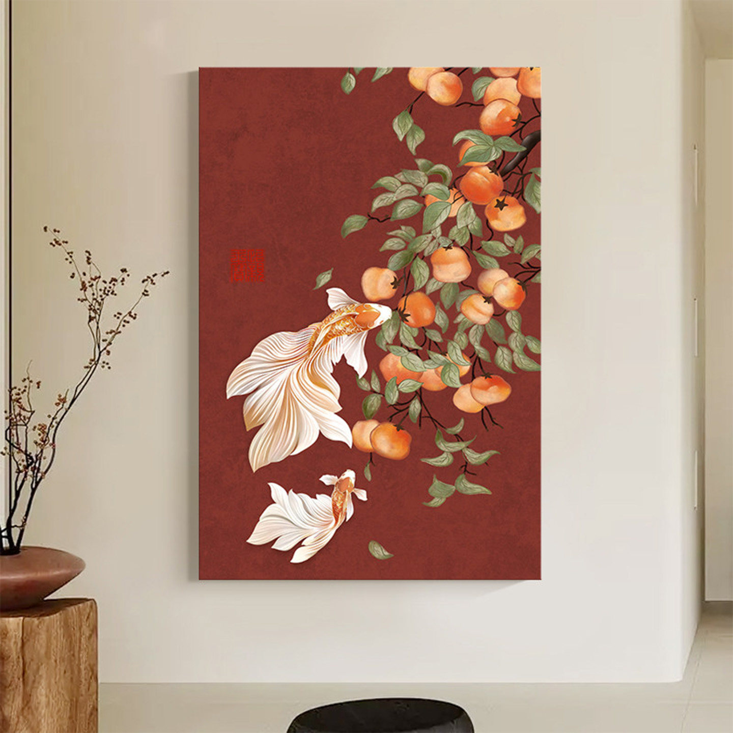 锦鲤柿柿如意入户玄关装饰画寓意好客厅走廊过道壁画红色喜庆挂画
