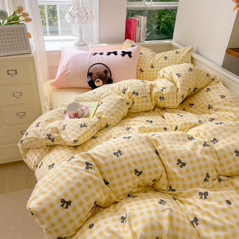极速insc蝴蝶结粉色格子水洗棉三四件套学生宿舍被套罩床单笠床上