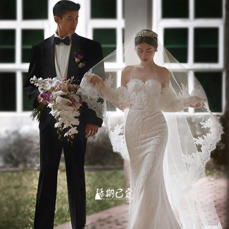 新品奢华法国f复古蕾丝花边超仙头纱新娘结婚造型头饰影楼造型样