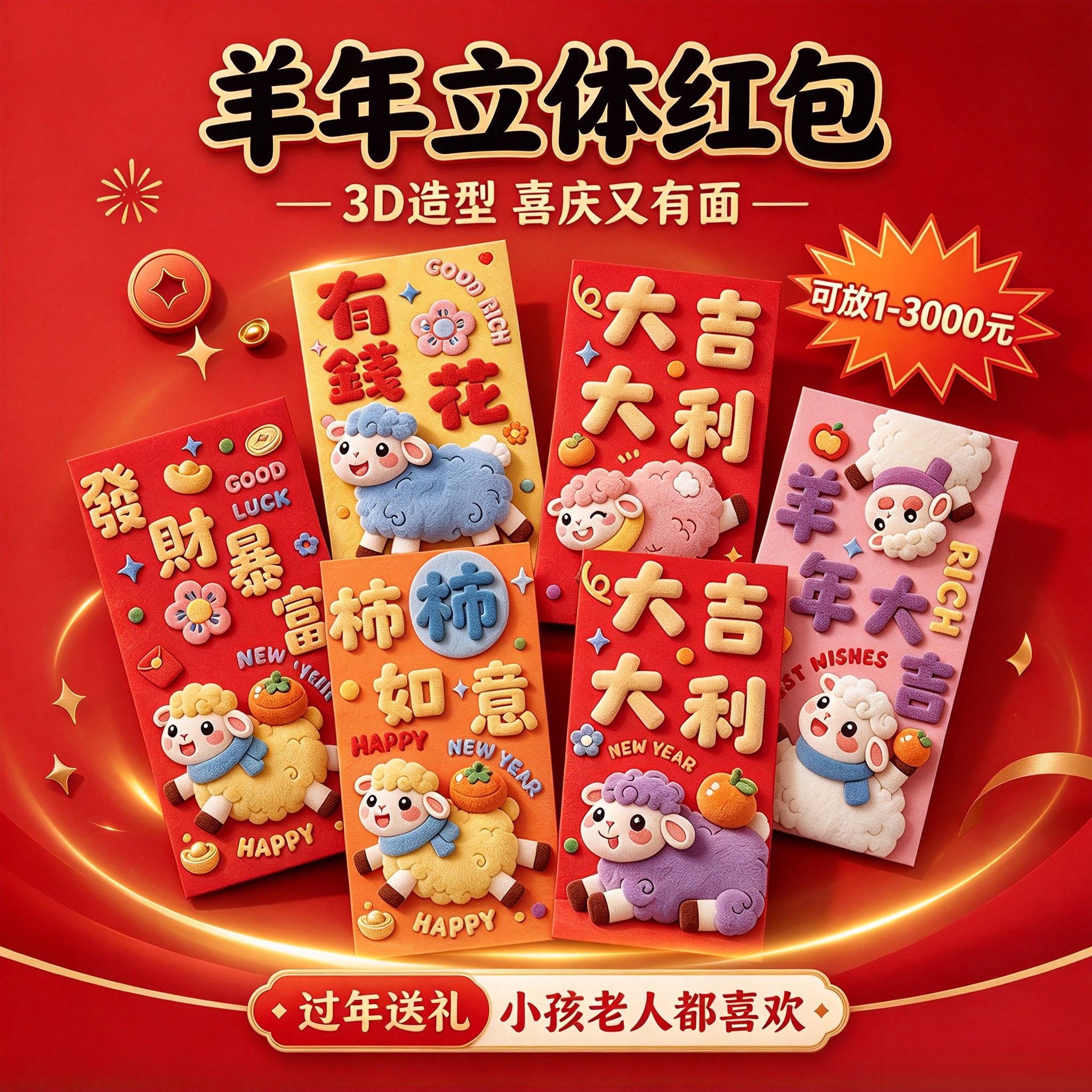 2027新年红包袋3D立体羊年卡通小羊利是封儿童压岁包春节过年创意