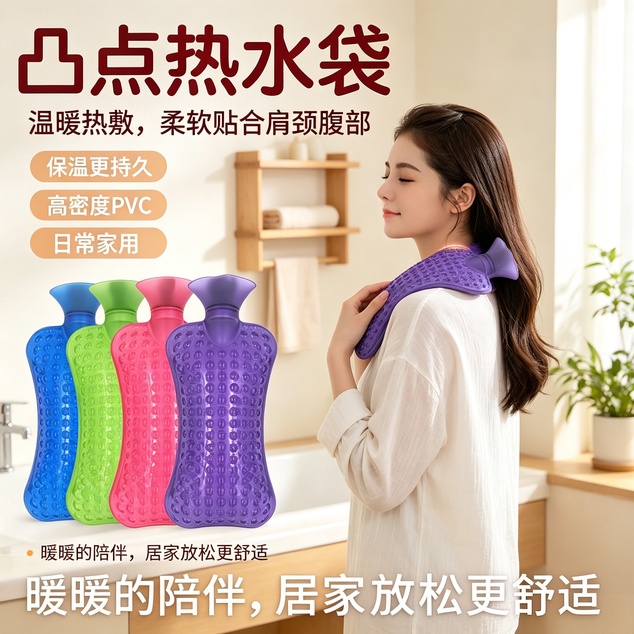 凸点热水袋高密度PVC暖水袋保暖热敷柔软贴合肩颈腹部家用按摩