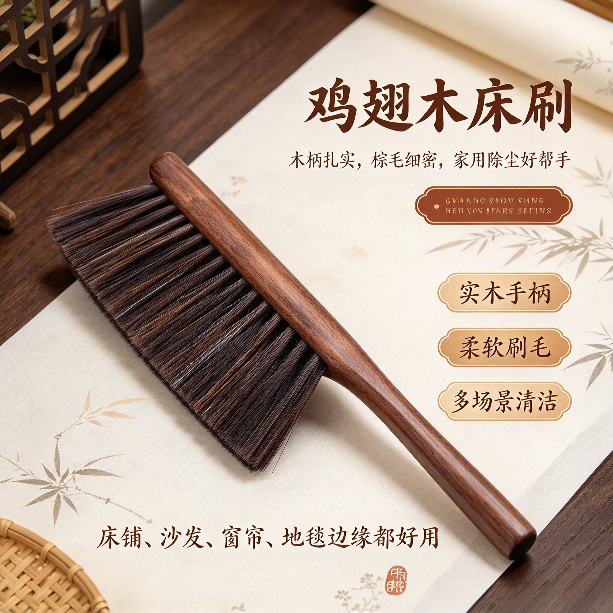 鸡翅木床刷实木长柄除尘刷家用柔软刷毛床铺沙发多场景清洁长手柄
