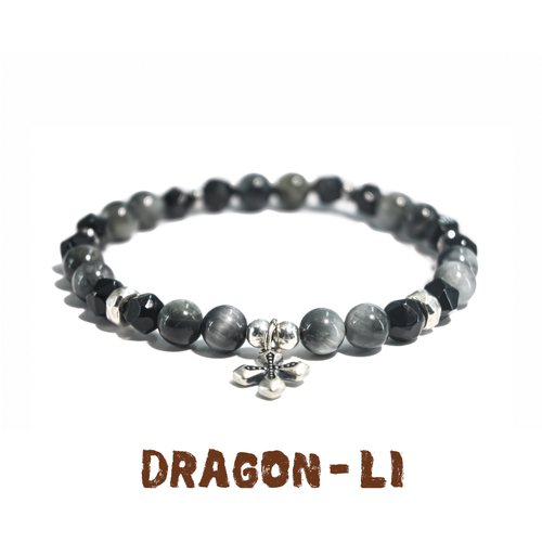 DRAGON LI狸花猫黑曜石鹰眼石925银十字架手串情侣饰品闺蜜礼物