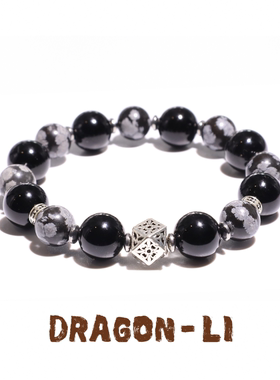 DRAGON LI狸花猫925银八棱珠雪花石黑玛瑙转运串珠情侣闺蜜礼物
