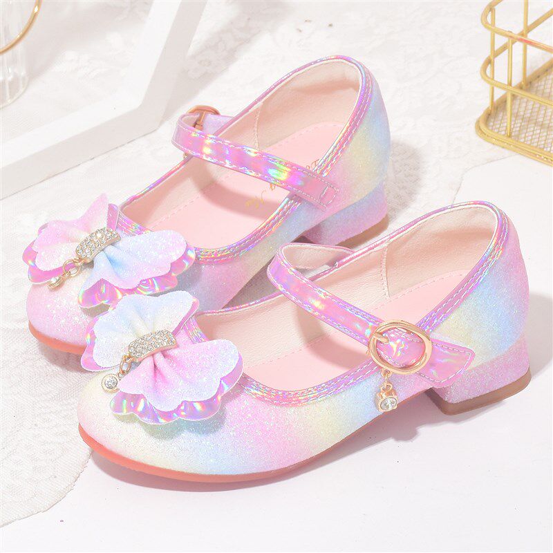 新品儿童高跟水晶鞋小女孩v公主鞋学生表演出礼服鞋中大童彩虹鞋