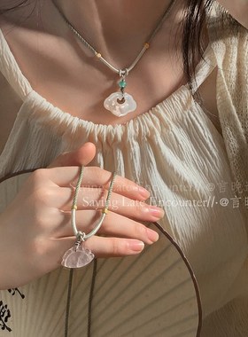 极速言晚遇~ 新中式祥云如意锁玛瑙项链女款国风抽V拉绳锁骨链古