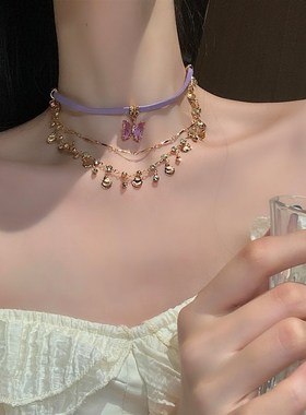 极速紫色蝴蝶项链女夏天2024新款choGcker项圈多层叠戴锁骨链颈链
