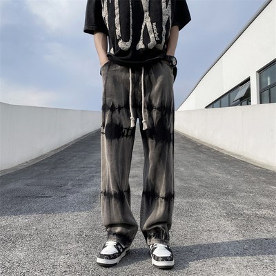 美式高街hiphop阔腿牛仔裤男春秋款宽松潮牌痞帅扎染Y撞色直筒长