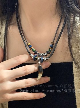 极速波西米亚民族风双层月牙铜钱项链女新中M式复古小众锁骨链个