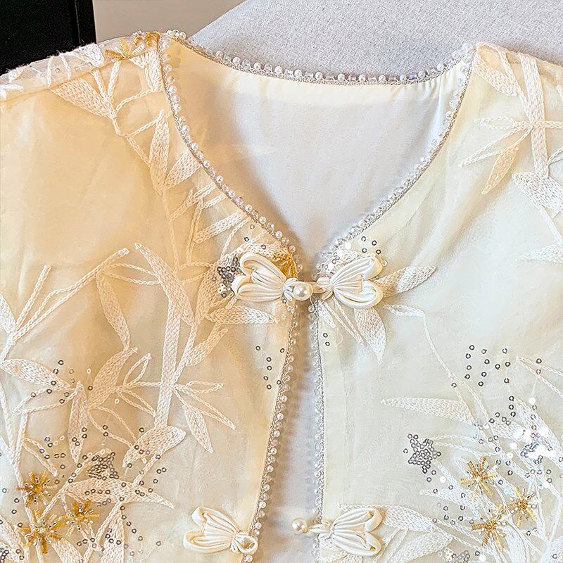 新品新中式马甲夏季薄款古风女装唐装盘扣坎N肩重工刺绣背心国风