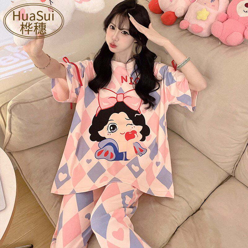 新品睡衣女士夏季纯棉薄款短u袖甜美学生加肥大码200斤胖mm可爱家