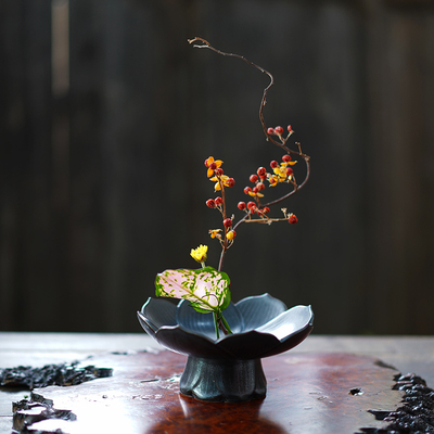 极速高脚盘复古插花n器皿花器禅意日式中式果盘插花器花道陶瓷花