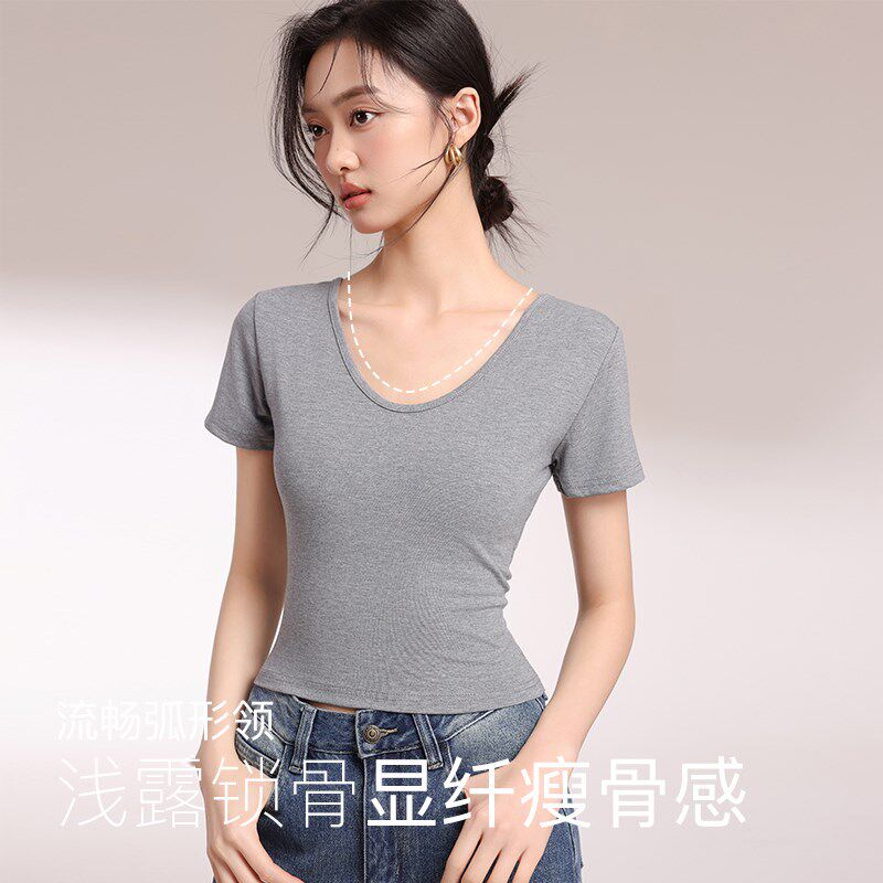 新品白色大领口前后两穿T恤女春夏露锁骨J短袖正肩纯欲短款v领修