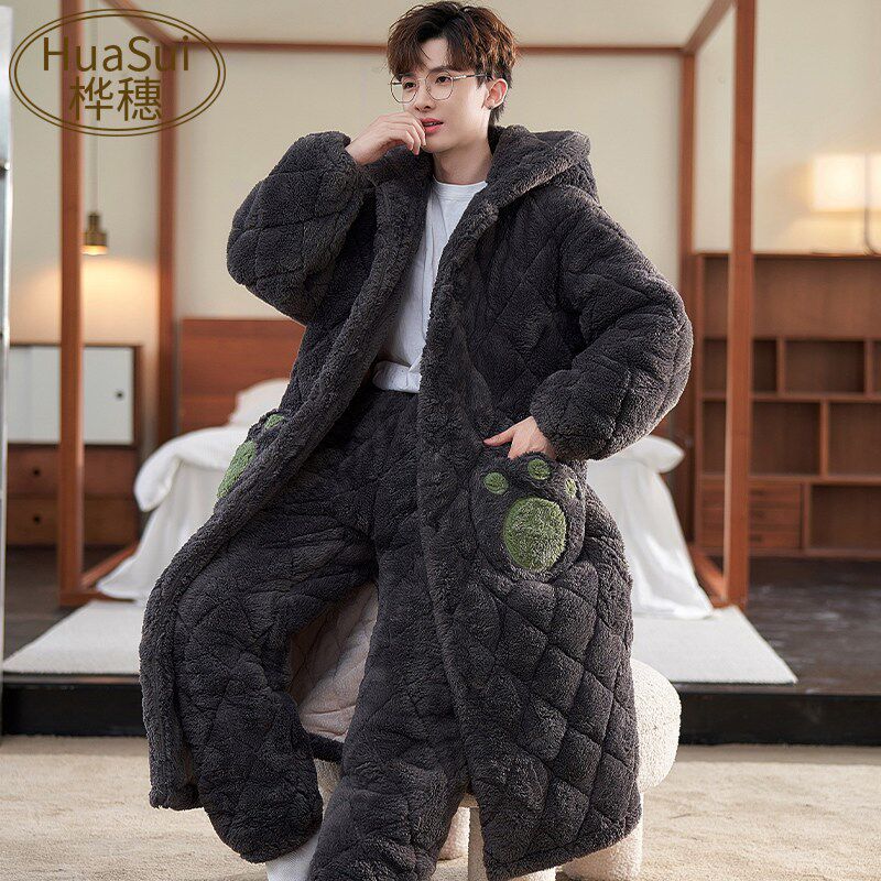 新品大眼仔男士睡衣n冬季三层夹棉袄珊瑚绒加绒加厚青年卡通睡袍