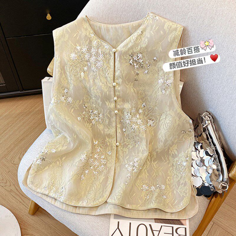 新品新中式马甲夏季薄款s蕾丝刺绣坎肩欧根纱外套中国风马夹背心