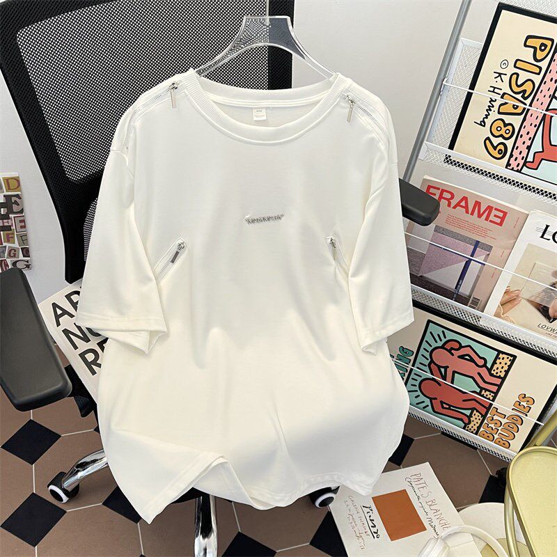 新品白色多拉链休闲t恤男夏季设计感正肩解构短袖美X式高街痞帅五