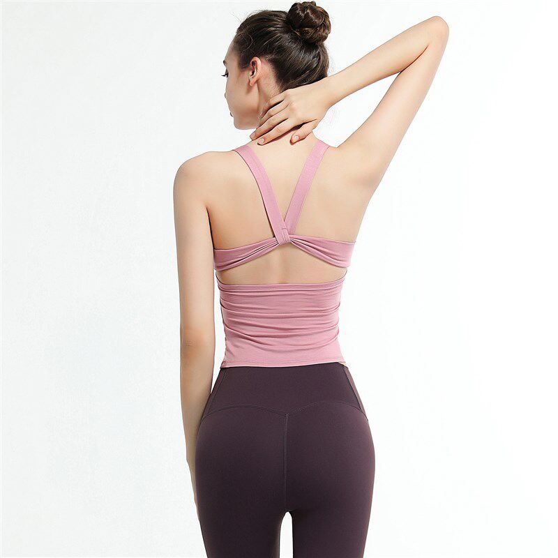 新品专业白色瑜伽服女套装带胸垫健身外穿运动美背速干.上衣吊带