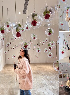 新品七夕情人节玫瑰星球吊顶网红打卡墙假花店铺装V饰布置拍照道