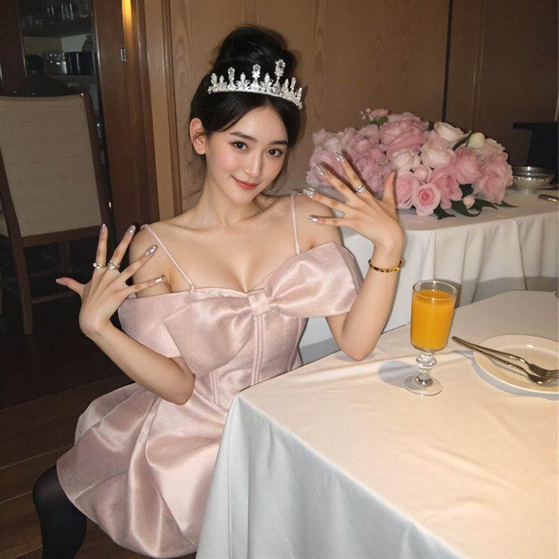 极速一字肩抹胸连衣裙女高端轻奢小众礼I服粉色蝴蝶结生日公主蓬