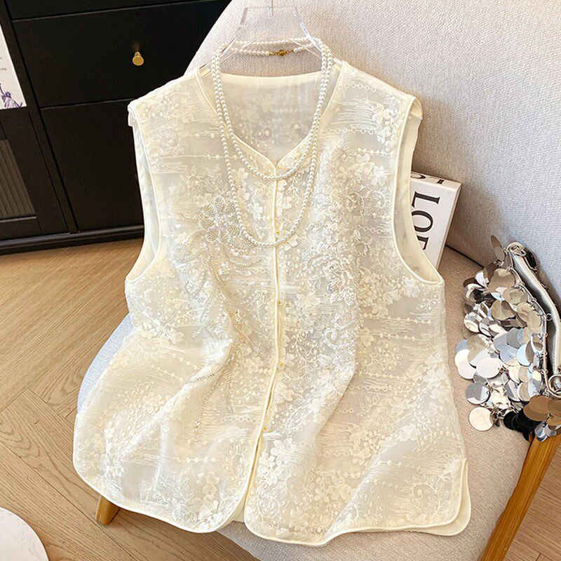 新品新中式国风马甲女装q夏季薄款无袖坎肩复古刺绣上衣欧根纱马