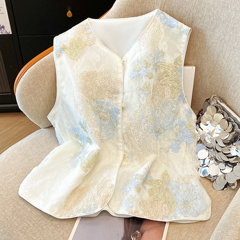 新品新中式国风纱马甲女s薄款夏季蕾丝刺绣重工上衣无袖坎肩背心
