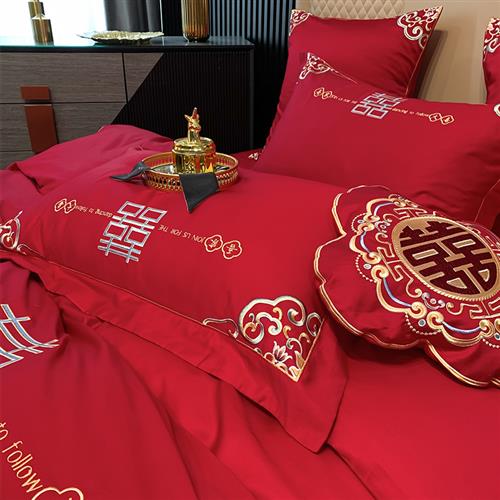 极速婚床酒红色家用礼四件套单被套床单床笠床笠式家Y里居家秋冬