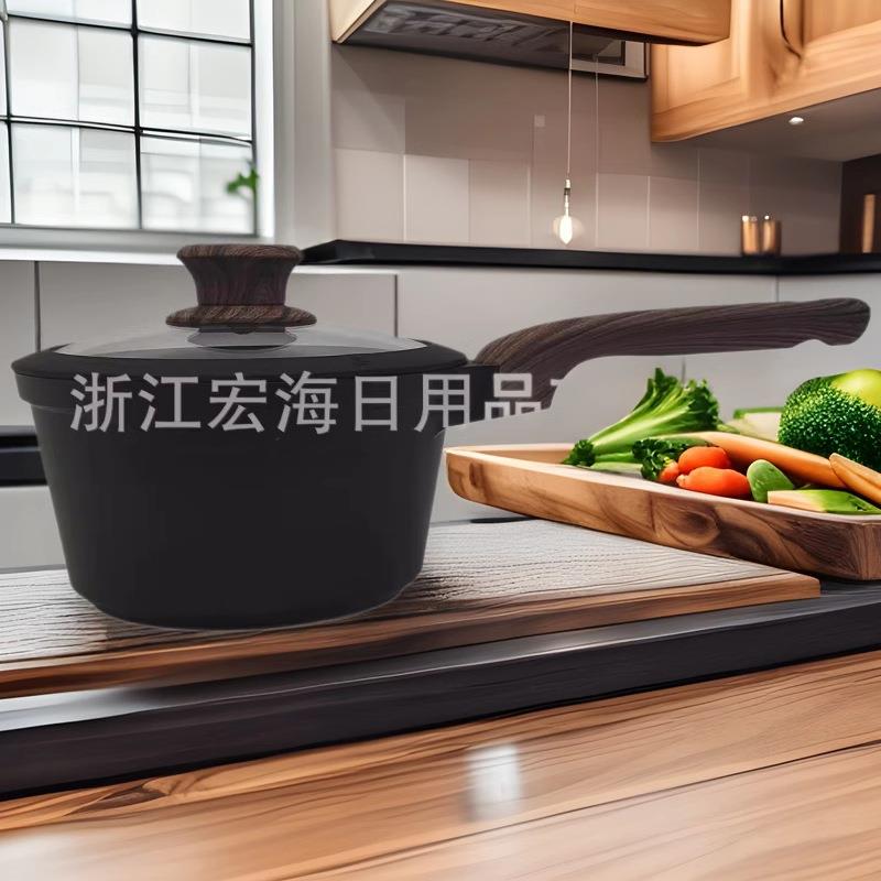 18cm新款凹纹光面深汤锅铝制复底煎锅煲汤炒菜锅奶锅明火胶木木纹