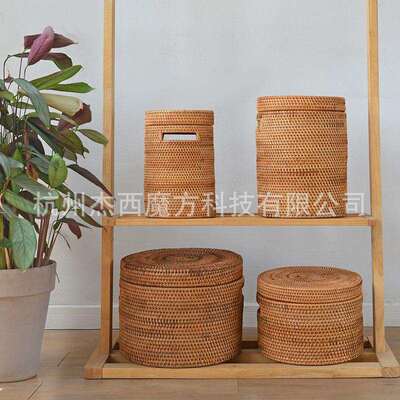 越南秋藤编置物圆筒书画卷轴收纳箱圆形储物箱复古收纳箱置物筐
