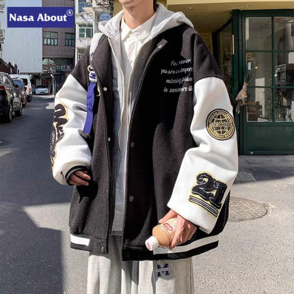 假两件棒球服男外套春秋季2024新款连帽夹克美式潮牌男生情侣衣服