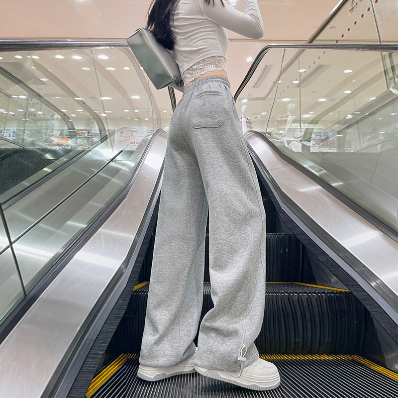 美式灰色束脚运动裤女春秋冬高腰弯刀阔腿裤宽松直筒休闲香蕉卫裤