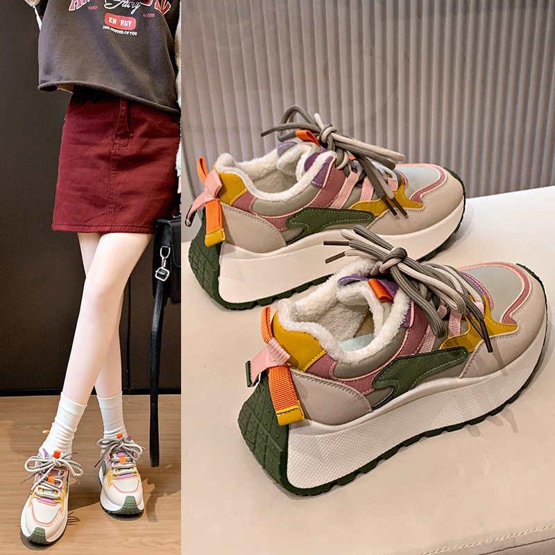 新款加绒老爹鞋女2024冬季新款增高休闲透气厚底拼色旅游百搭鞋潮,女鞋,棉鞋,淘宝优惠券,粉丝福利购,淘宝优惠卷