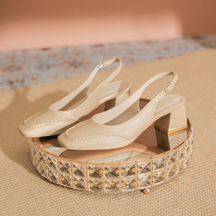 方头外穿后绊带粗跟包头高跟鞋 5230 夏仙女法式 女款 10一字带凉鞋