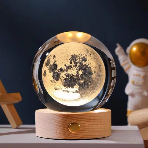 触摸充电木底座月球3d内雕水晶球小夜灯创意桌面发光摆件公司礼品