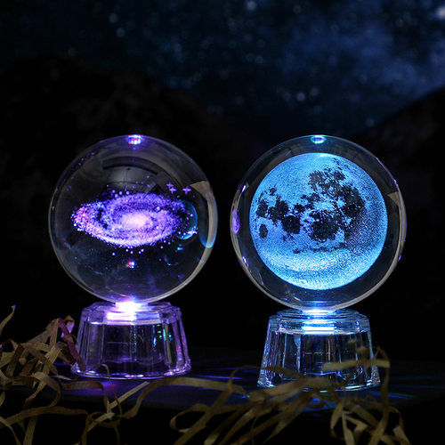 银河太阳系3d内雕水晶球小夜灯七彩发光摆件创意桌面圣诞装饰礼物