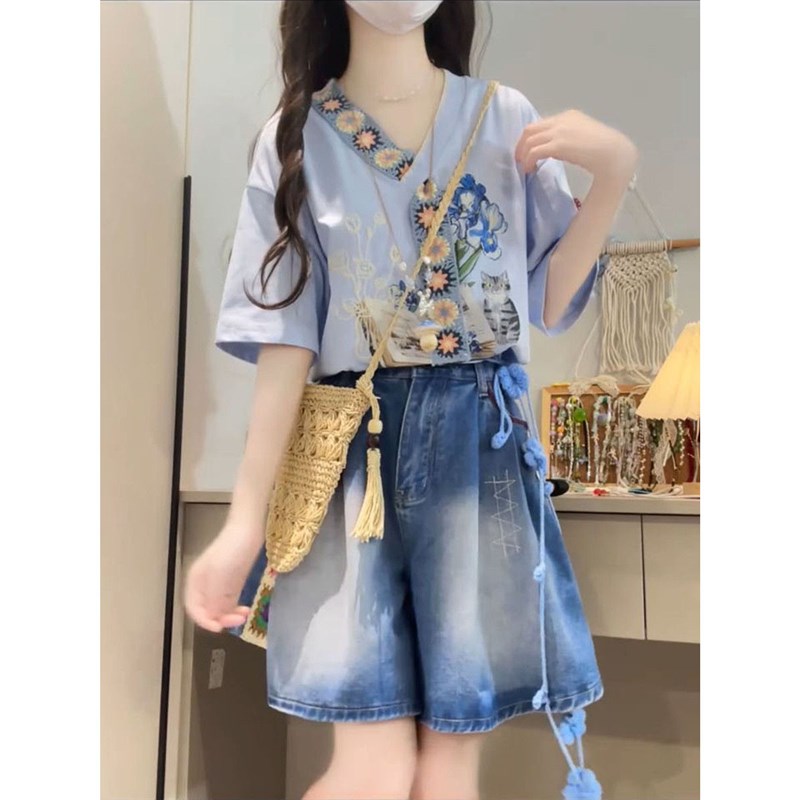 热销夏季韩系复古文艺风印花短袖T恤女搭配渐变T蓝色牛仔短裤两件