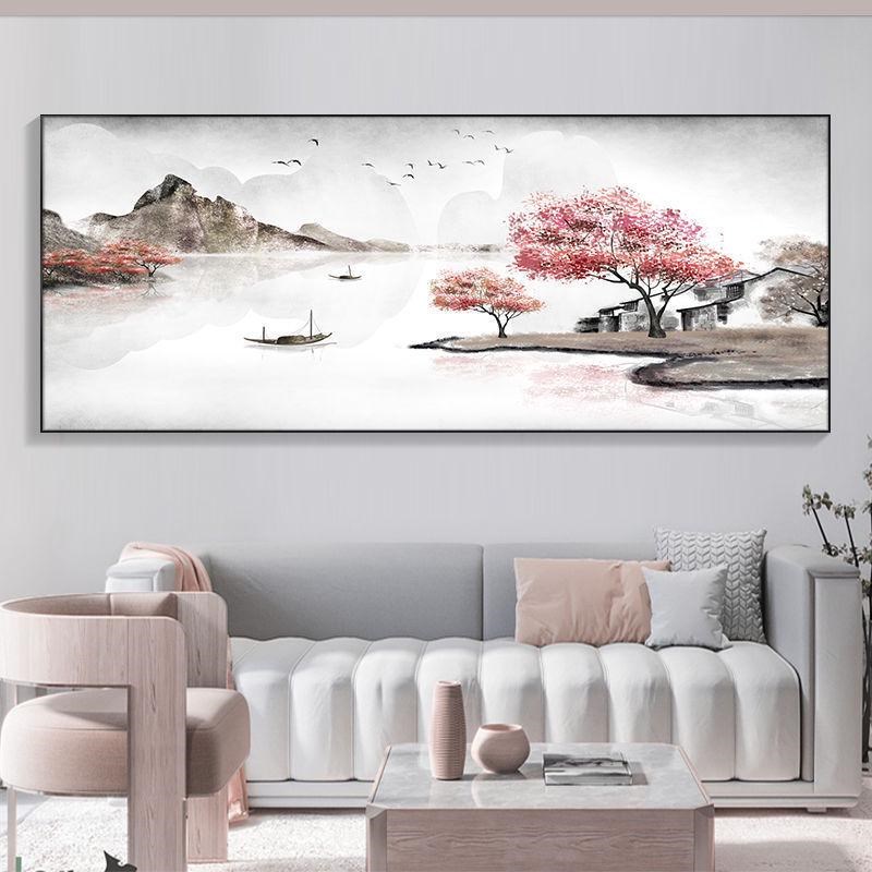 热销新中式客厅装饰画山水u画茶室风景壁画横版整幅大尺寸水墨背