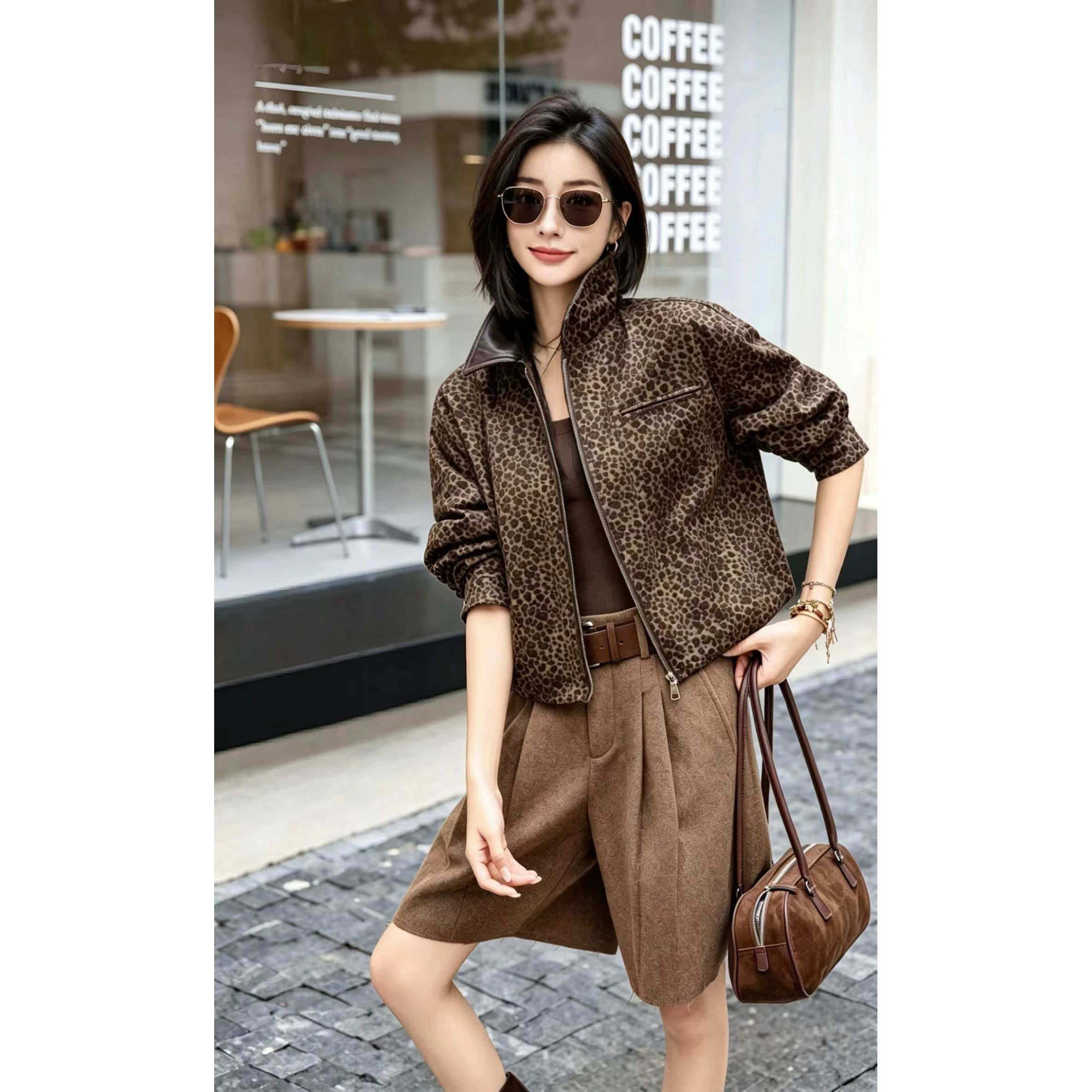 复古豹纹拉链减龄短款夹克女