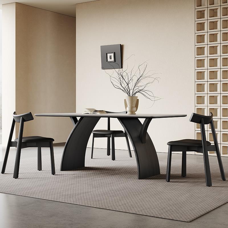 复古实木岩板餐桌轻奢高端2024新款小户型极简黑色长方形实木餐桌