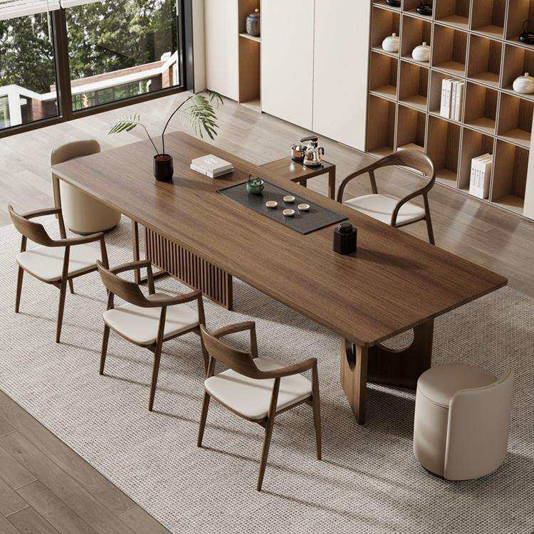 新中式实木餐桌椅组合原木大板茶盘一体泡茶台简约家用办公泡茶桌