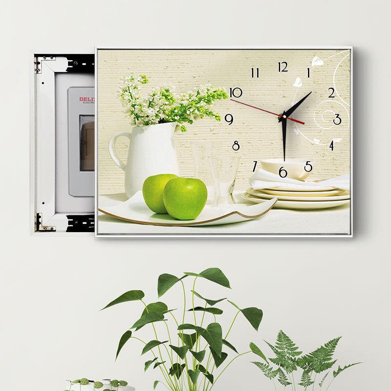 客厅现代液压配电箱壁画带钟表可推拉遮挡电闸箱电表箱装饰画挂钟