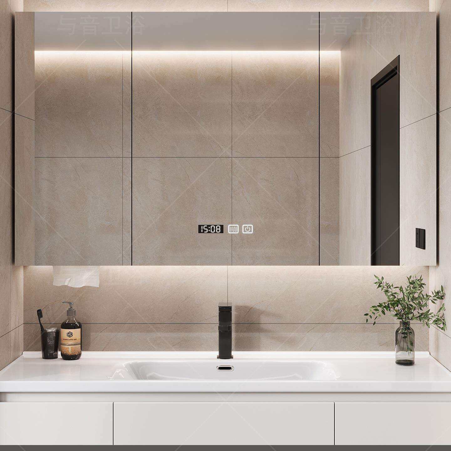 智能浴室镜柜挂墙式带灯除雾卫生间镜子实木带置物架单独定制收