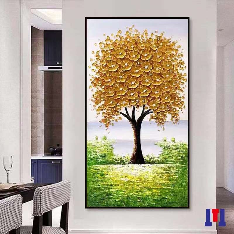 手绘油画客厅玄关装饰画立体厚油肌理发财树抽象走廊过道竖版挂画图片