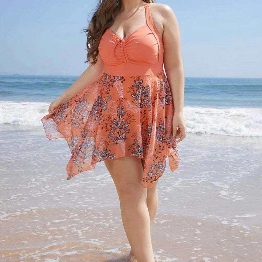 欧美大码肥婆泳衣碎花裙式泳装女bikini胖妹妹保守分体泳衣