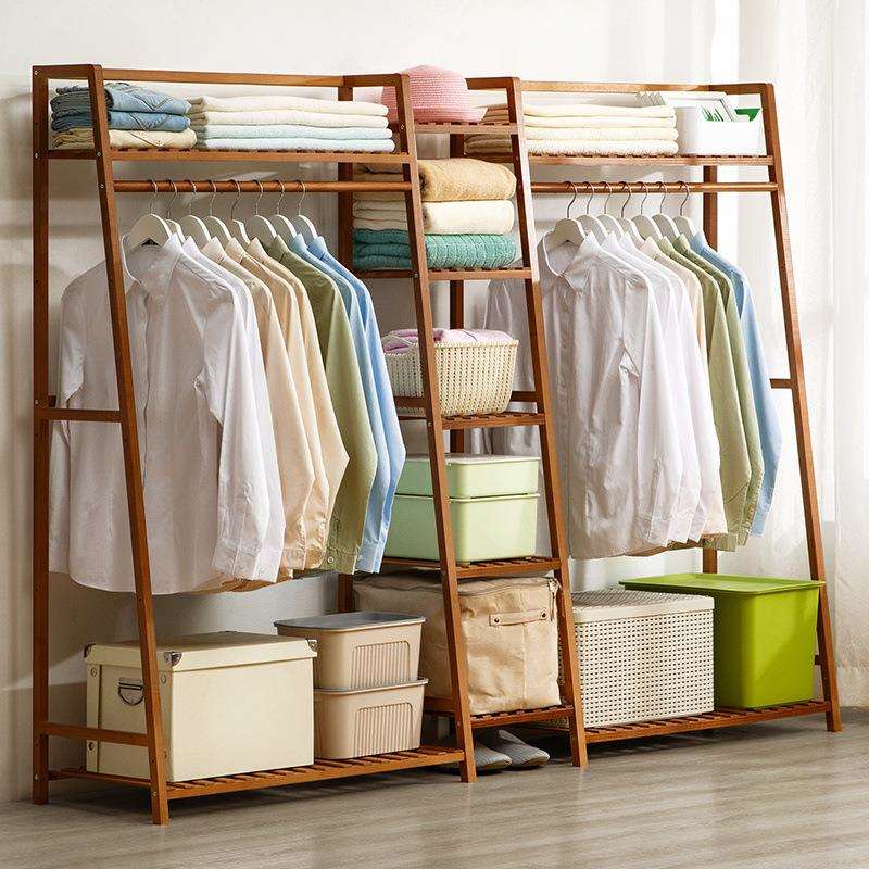 挂衣架落地置物架卧室简易衣柜收纳架多功能衣帽架实木挂衣服架子
