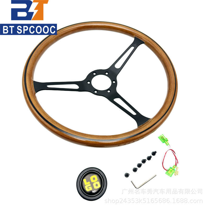 新款改装复古桃木方向盘15寸通用经典黑圈黑线黑支架方向盘380mm