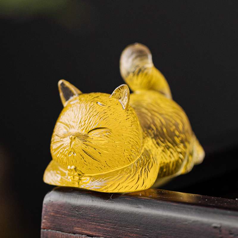 瑠璃冰冻烧小花猫茶宠摆件精品可养茶道配件茶玩笔架笔搁可爱饰品