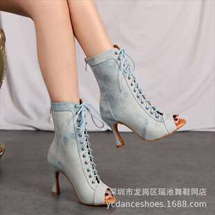 瑶池蓝色高帮拉丁牛仔Heels恰恰伦巴女式成人魅力中高跟系带舞靴